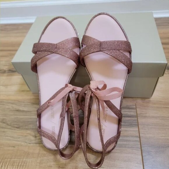 NIB Melissa x Jason Wu Ophelia bow strappy flat Sandal pink glitter size 8 8.5 - Picture 1 of 4
